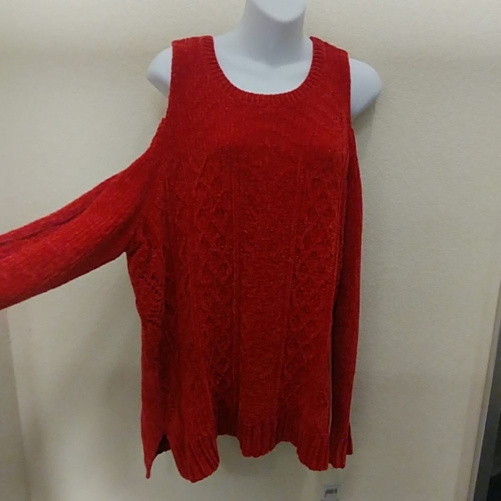 Gibson Latimer Red Chenille Cold Shoulder Sweater - Picture 6 of 8